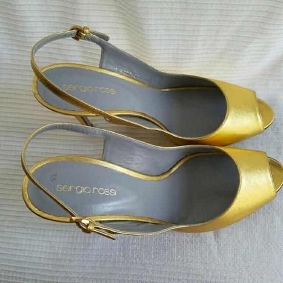 Sergio Rossi Metalic Gold Leather Slingback Sz 8.5 - Picture 1 of 4